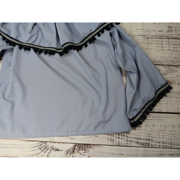 Camille & Company Off The Shoulder Blouse Women's Large Blue White Stripe Ruffle - Picture 8 of 10